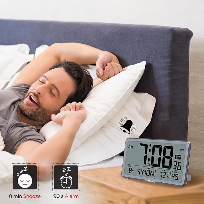 WallarGe Auto Set Digital Wall Clock Battery Operated, Auto DST | Desk Clock with Temperature, Humidity and Date, Large Display Digital Calendar Alarm Clock for Bedroom, Office, Classroom