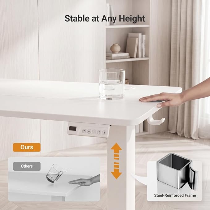 Claiks Electric Standing Desk 35x20 Inch Adjustable Desk, White | 156lbs weight capacity, 3 memory presets, industrial steel frame, cable management hub, adjustable height , easy assembly