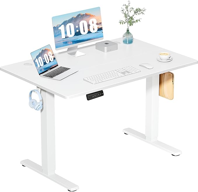 DUMOS 48 Inch Electric Standing Desk Height Adjustable, Sit to Stand Up Computer Workstations Work PC Table Home Office Study Writing Gaming Desks with Memory Presets for Walking Pad, Bedroom, White