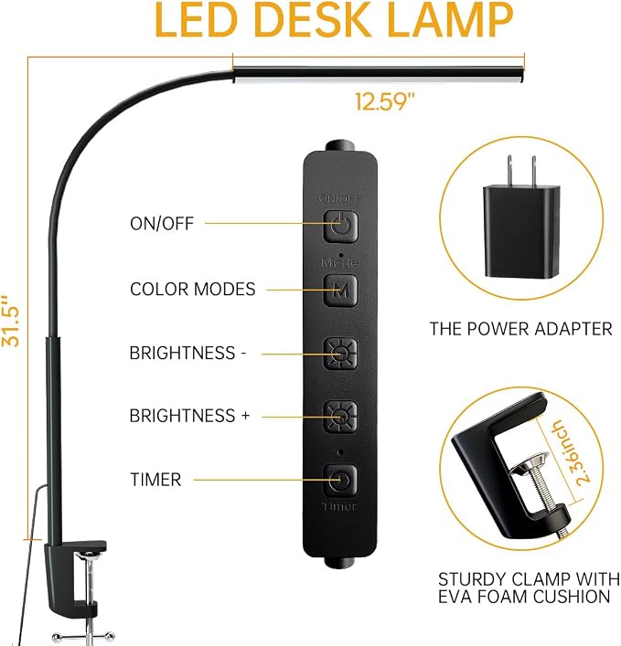 LED Desk Lamp with Clamp, 5 Color Modes & 10 Brightness Levels, Eye-Caring Desk Light, Flexible Gooseneck, Memory Function, Adapter Included for Home Office, Reading & Study