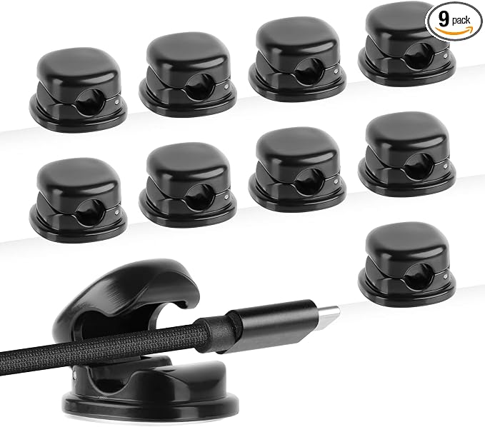 Desk Cord Holder, 9PACK Cord Organizer Clips, Spring-Loaded Cable Management for Nightstand, Car & Office – Premium Adhesive, Easy Access, No Damage, Phone Charger Wire & More, Black