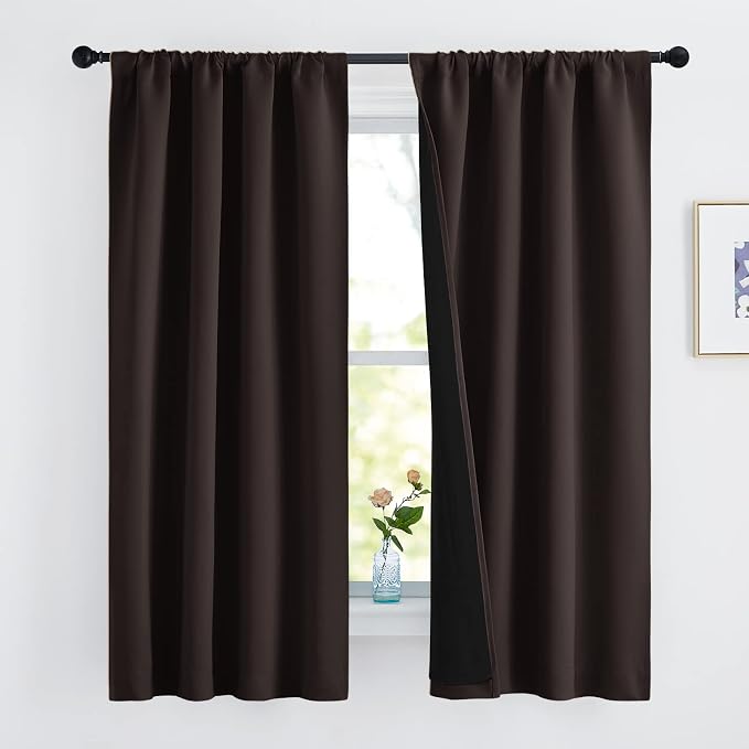 NICETOWN Complete 100% Blackout Curtains, Thermal Insulated & Energy Efficiency Window Draperies with Black Liner, Noise Reducing Drapes for Kids (Brown, 42 inches W by 63 inches L, Double Panels)