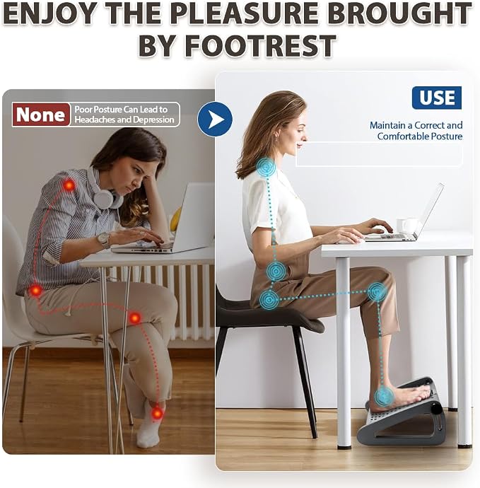 CasaZenith Foot Rest, Six Heights Adjustable Foot Rest for Under Desk at Work, Ergonomic Foots Stool for Under Office Desks, Under Desk Footrest with Foot Massage Roller, Chair Footrest - Gray