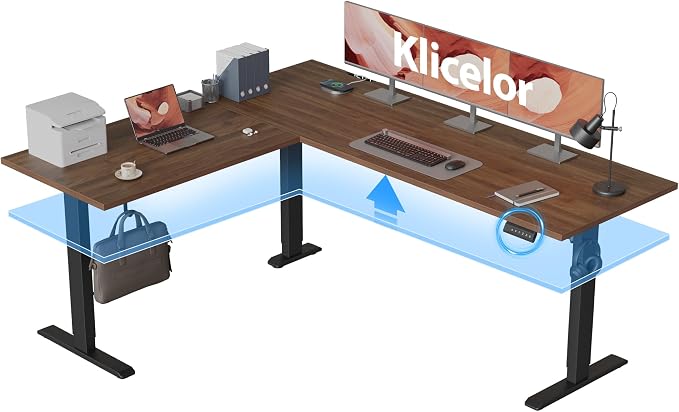 Klicelor L Shaped Standing Desk 75 x 61 Inch, Electric Height Adjustable Corner Desk for Home Office Workstation, Ergonomic Sit Stand Computer Table with Memory Controller, Dark Walnut