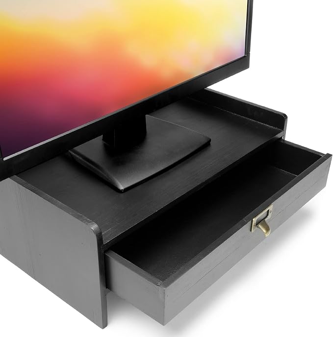 EXCELLO GLOBAL PRODUCTS Wooden Monitor Stand: Includes Drawer for Desktop Organization of Notebooks, Pens, Pencils & Office Supplies (Black)