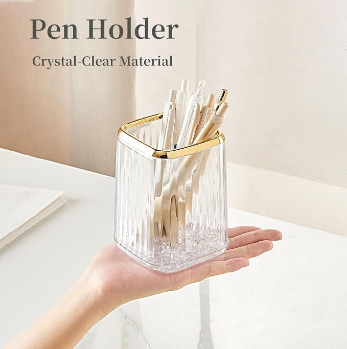 Acrylic Pen Holder, Cute Clear Green Desk Organizer for Pencils, Makeup Brushes Toothbrushes Storage Cup with Striped Design for Vanity Bathroom