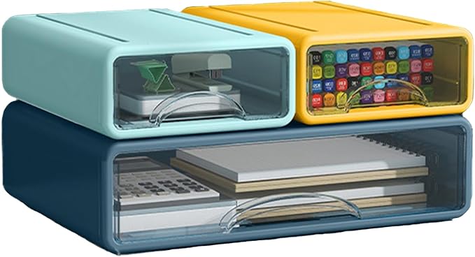 Desk Organizer with Drawers, Stackable Storage Drawers with Compartments Desktop Organization for Office Supplies, Makeup, Pencils, Tape, Erasers, Paperclips, Chargers (2S1M)