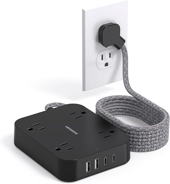 Black Flat Plug Extension Cord, HANYCONY 10ft Power Strip with 4 USB Ports(2 USB C), 4 Widely Outlets Extender, Wall Mount, Desk Charging Station for Office, Travel and Dorm Room Essentials