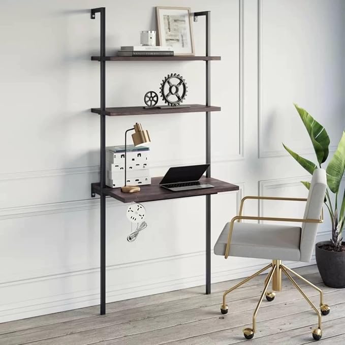 Wall Mount Desk 3 Tiers Wall Table Wall Mount Computer Writing Table Industrial Bookcase Desk Brown and Black for Homes Office School