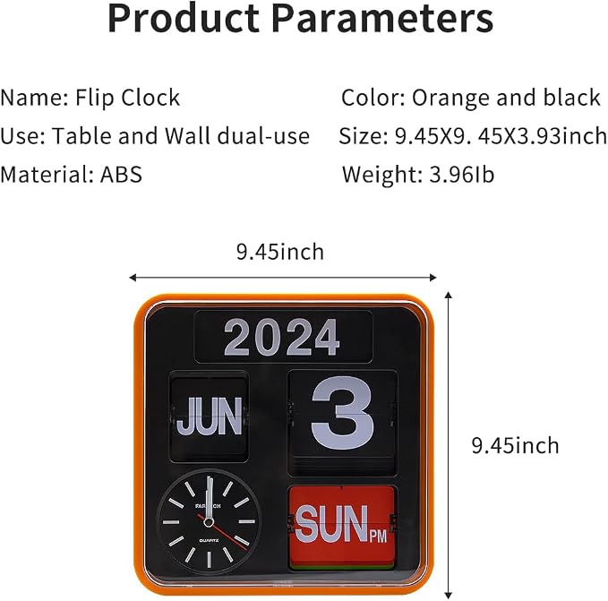 Retro Modern 9.45 Inches Calendar Day Date Flip Desk Wall Clock (Orange Frame)(No Battery Included)
