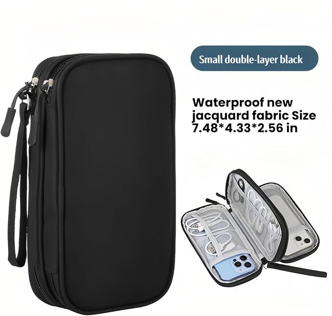 Portable Waterproof Double Layers All-in-One Storage Bag, Travel Cord Organizer，Electronics Accessories Organizer Pouch Bag for Accessories,Charger, USB Cable, Gadget (black)