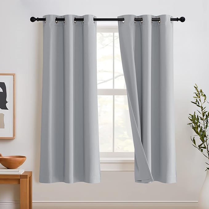 RYB HOME 3-in-1 Noise - Blackout - Thermal Insulation Small Window Curtains 63 inch, Inside Detachable Felt Liner 84 inch Curtains Window Drape for Bedroom, Sliver Grey, W42 x L63 in, 1 Pair