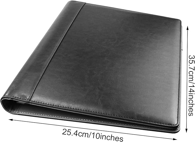 PU Leather Padfolio Ring Binder with Clipboard Resume Leather Portfolio with 20 Clear Plastic Sleeves Black