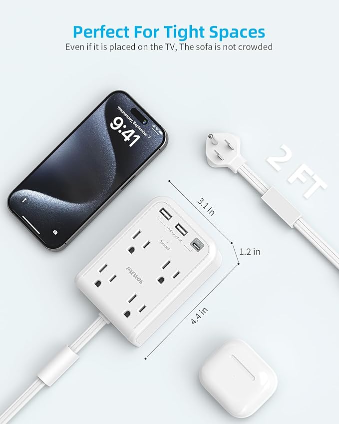Short Power Strip 2FT - Flat Wall Extension Cord with 4AC Outlet and 3 USB Ports(1 Type C), Multi Plug Outlet Extender Small Surge Protector for Home Office Dorm, White