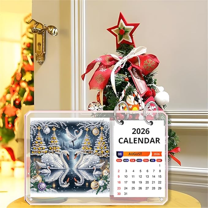 2026 Standing Desk Calendar DIY Diamond Art Painting Monthly Flip Desktop Calendar Mosaic Kits Acrylic Tabletop Calendars Diamond Art Craft Supplies Planner for Office Home Decor-Swan