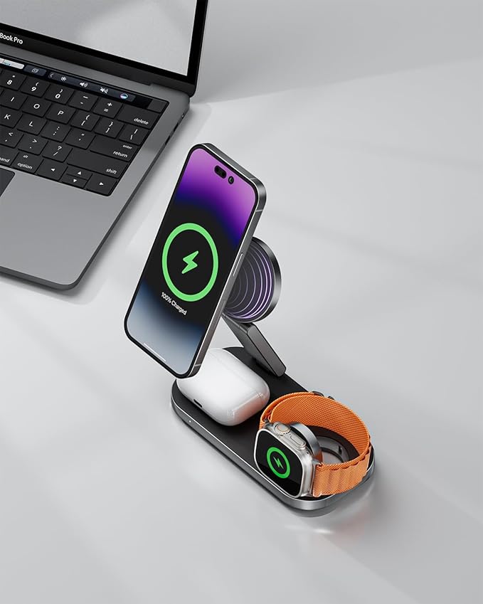 3-in-1 Charging Station for Apple Device, Qi2 25W Certified Magnetic Wireless Foldable Fast Charger Stand Compatible with MagSafe for iPhone 17e/17/16/15/14/13/12/Air Series, Apple Watch & AirPods