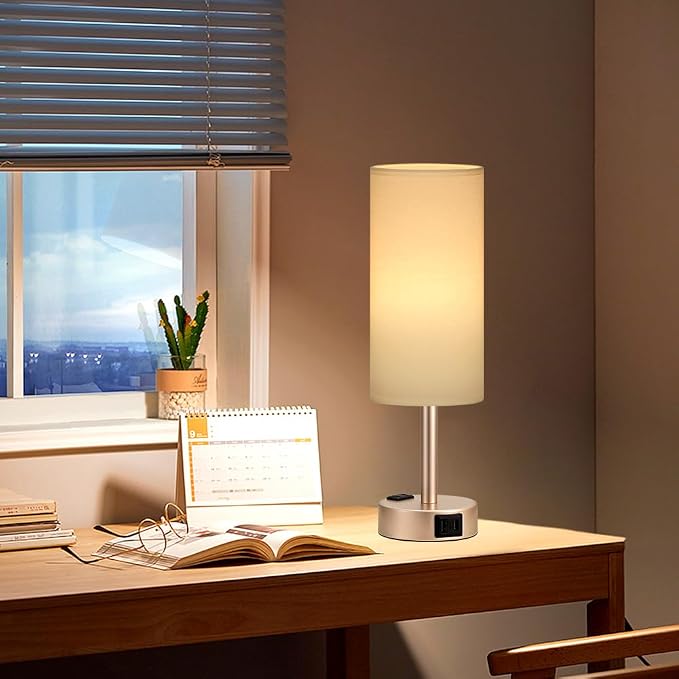 Antique White Bedside Table Lamp for Bedroom - 3 Way Dimmable Touch Lamp USB C Charging Ports and AC Outlet, Small Lamp Gold Base Round Flaxen Fabric Shade for Living Room, Desk, LED Bulb Included