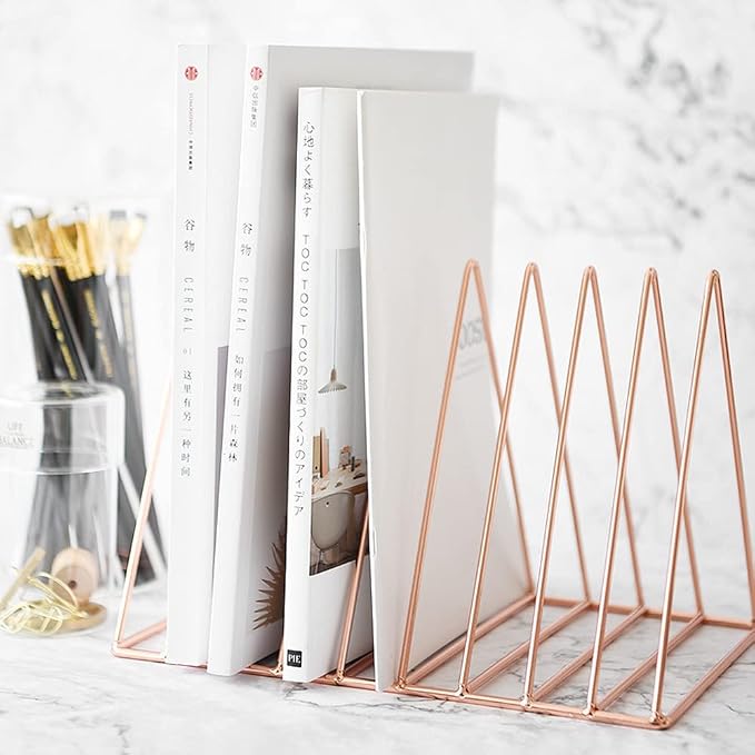 Sooyee 2 Pack Rose Gold Magazine Holder, 9 Slot Desktop File Sorter | Record Holder, Book Album Display Rack, Desktop File Sorter Organizer, Triangle Bookshelf Decor for Home Office