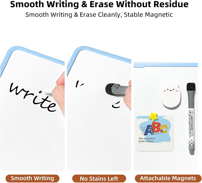 Colorful Dry Erase White Board 11x11in, Magnetic Desktop Board with Stand, 2 Markers (Eraser Head), 4 Magnets - Double-Sided Easel for Daily Planning, Office/Home/School (Blue)