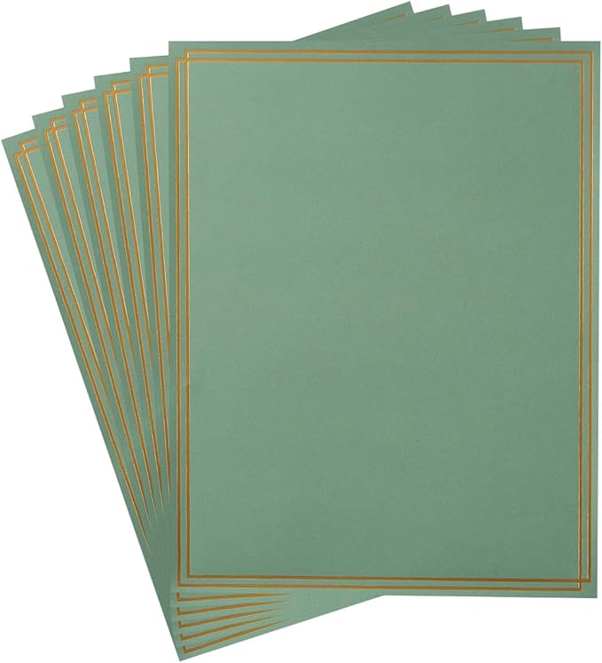 60 Pack Stationery Set Paper with Gold Border, 8.5x11 Inch Paper Sheets for Writing Letters, Letter Size Writing Paper (Sage-Green, 8.5x11 inches)