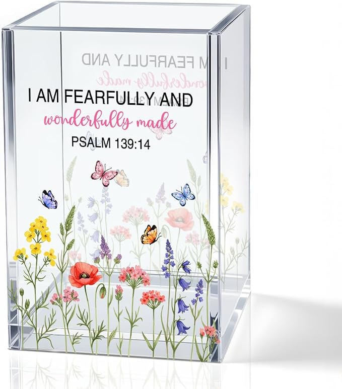 I Am Fearfully And Wonderfully Made Acrylic Pencil Pen Holder Cup, Psalm 139:14 Makeup Brush Storage Organizer, Cute Wildflowers Desk Accessories Holder, Graduation Gifts for Daughter Niece
