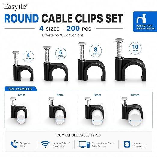200 Pcs Cable Clips 4/6/8/10mm Nail in Cable Clips Cable Wire Clips Cable Tacks Coax Cable Clips Speaker Wire Clips Cable Nails for Cords Wall Wire Clips RG6 RG59 CAT6 RJ45 Ethernet Cable Clips Black