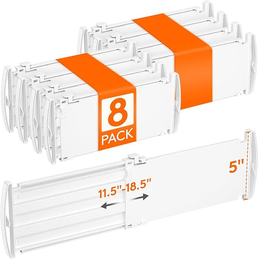 Lifewit 8 Pack 5" High Drawer Dividers for Clothes, 11.5"-18.5" Expandable Dresser Drawer Organizers, Adjustable White Plastic Separators for Kitchen, Cabinet, Nursery, Socks & Underwear Storage