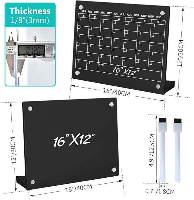 2PCS Black Acrylic Calendar Dry Erase Board with Stand for Desk, 16x12 Large Desktop Monthly Whiteboard Magnetic Fridge Memo Board, Daily Planner Chalkboard Easel for Office, School