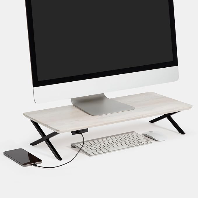 Anji Mountain Monitor Stand - Desktop Organizer & Laptop Riser, Ergonomic Monitor Riser, Space-Saving Monitor Stand for Desk, Durable Construction, Easy Assembly, Ideal for Home & Office,White Wash
