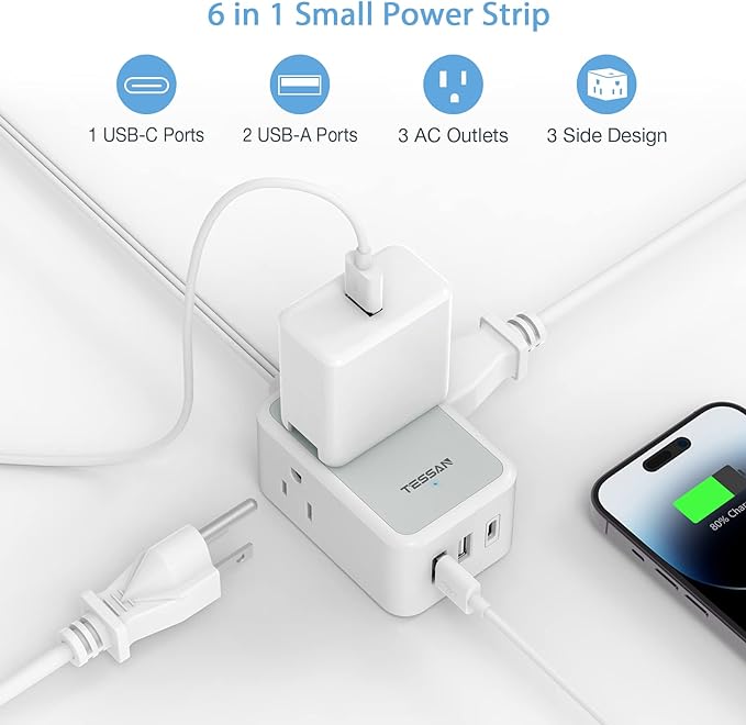 Ultra Thin Flat Extension Cord 10 FT, TESSAN Small Flat Plug Power Strip with 3 USB Charger (1 USB C), 3 Outlets Desk Charging Station, 10 Feet Long Slim Plug for Travel, Dorm Room, Office Essentials