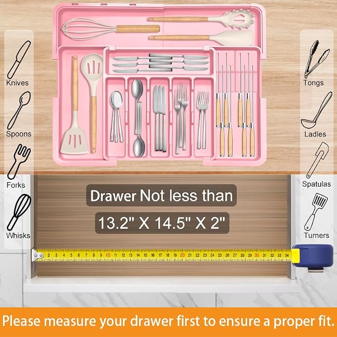 Silverware Organizer - Expandable Large Kitchen Drawer Organizer Utensil Organizer with 2 Knife Block Inserts, 22"x 19"Cutlery Tray with Drawer Dividers for Kitchen Flatware (Pink)