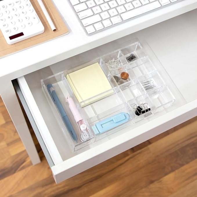 Isaac Jacobs 12-Compartment Clear Acrylic Drawer Organizer - 9.4"x6.4"x1.3" | Drawer Organizer (9.4" L x 6.4" W x 1.3" H), Multi-Sectional Storage Solution for Makeup, Office Supplies, Bathroom, Kitchen