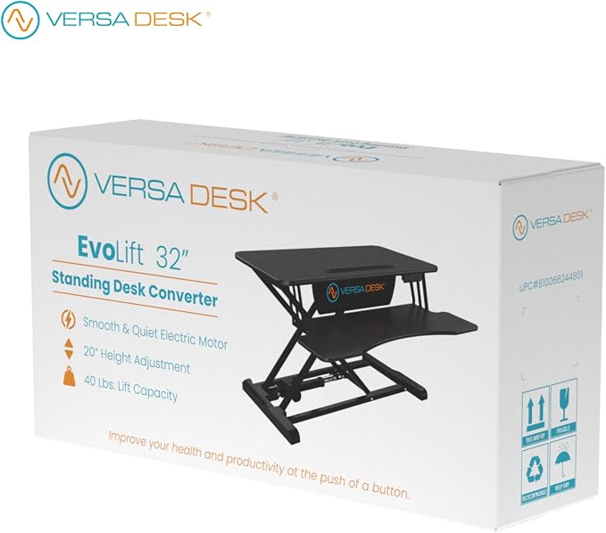 VERSADESK EvoLift 32" Electric Standing Desk Converter, Sit to Stand Motorized Desk Riser, 1-Button Easy Lift, Dual Monitor Workstation, Wide Keyboard Tray, Built-in Device Stand, Black