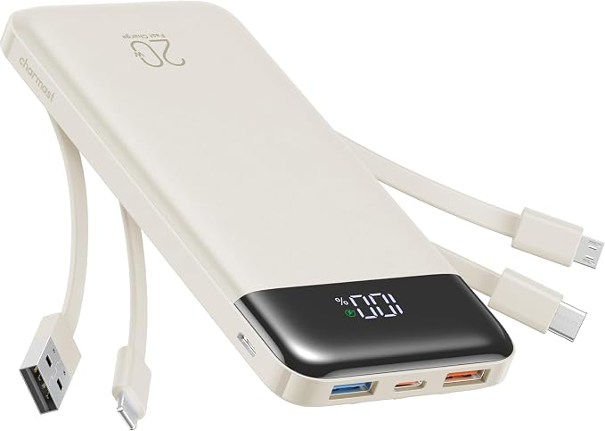 charmast 20000mAh Portable Charger with Built in Cables, 22.5W Travel Power Bank Fast Charging, USB C Cell Phone Battery Pack for iPhone 17/16/15/14/13/12 Series, iPad, Samsung, Android, Tablet