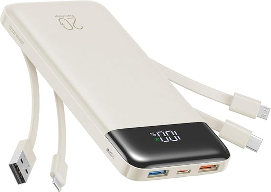 charmast 20000mAh Portable Charger with Built in Cables, 22.5W Travel Power Bank Fast Charging, USB C Cell Phone Battery Pack for iPhone 17/16/15/14/13/12 Series, iPad, Samsung, Android, Tablet