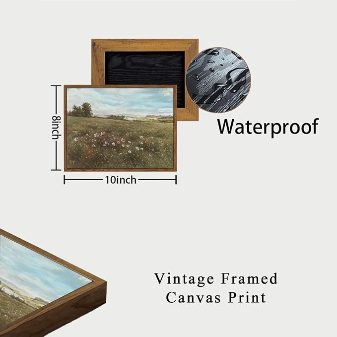 OIQArtOIQ Vintage Landscape Framed Wall Art Summer Countryside Wildflower Canvas Art Prints Farmhouse Cottagecore Pictures Wall Decor Rustic Meadow Paintings Artwork For Kitchen Bedroom Living Room