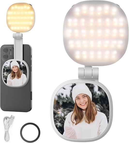 NEEWER Basics Magnetic Selfie Light Compatible with MagSafe iPhone, 2W Bi Color Small LED Phone Fill Ring Lighting CRI95+ with 360° Swivel, Mirror for Makeup Video Conference Recording, NL72B White