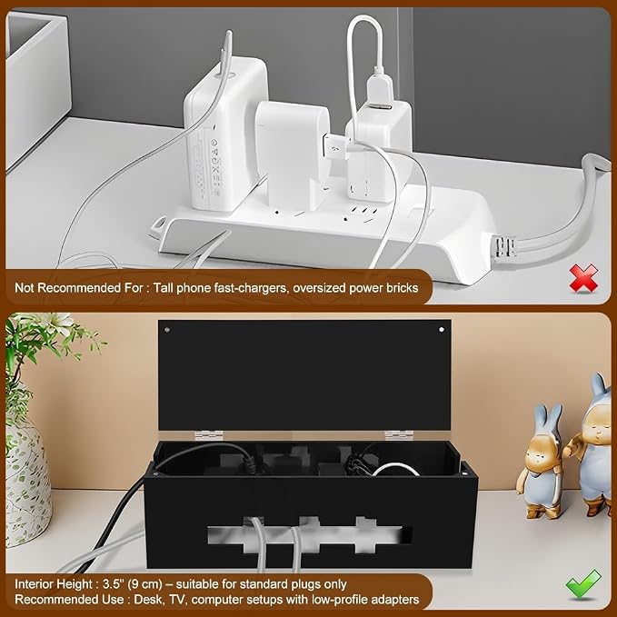 Cable Management Box with Magnetic Lock, Cord Organizer for Desk | Acrylic,compact,fits standard power strips & flat plugs,hides TV/computer wires,magnetic lid,child safe,for home office desk