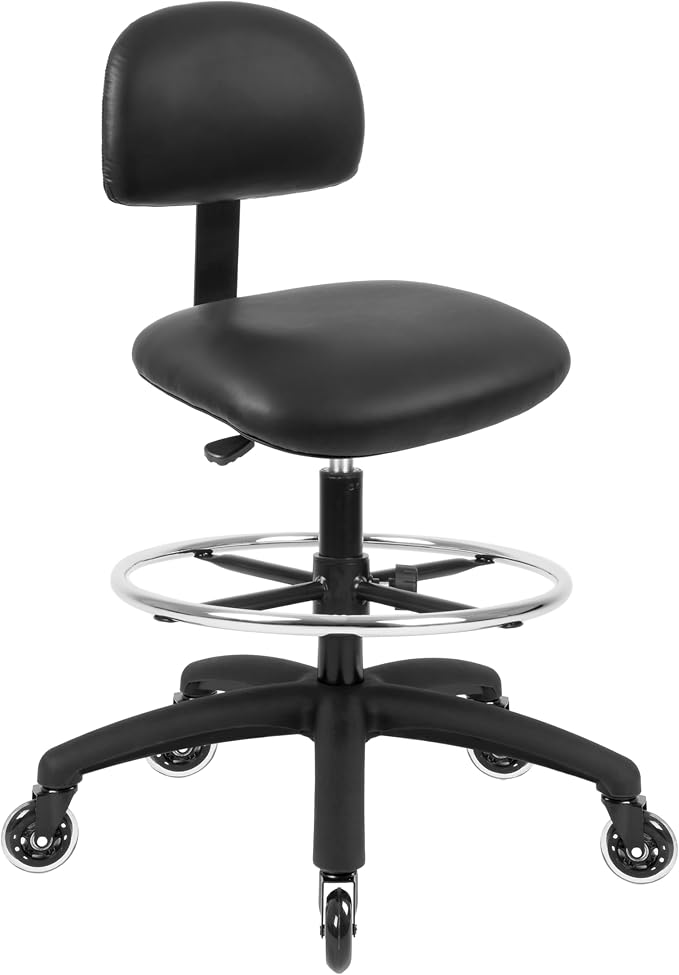 FSS Series Square seat Tall (25"-35") seat Height Chair. Vinyl-for Office, Garage, Desk, Shop, Computer, Doctor, Medical, Easy to Clean! 18" Footring (Black, Tall, Rubber Roller Casters)