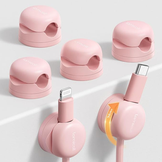 Lamicall 6 Pack Rotatable Spring Cord Organizer, Women Girls Adhesive Cable Management for Desk Nightstand Wall, Office Home Dorm Room Cable Clips Organizer Decor, Phone Charger Cord Holder, Pink