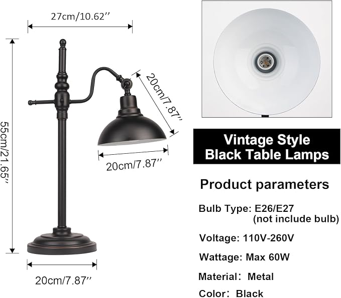 Industrial Desk Lamp Black Farmhouse Task Lamps Adjustable Rustic Modern Table Lamp E26 Vintage Metal Eye-Caring Reading Lamp for Office Living Room Dorm
