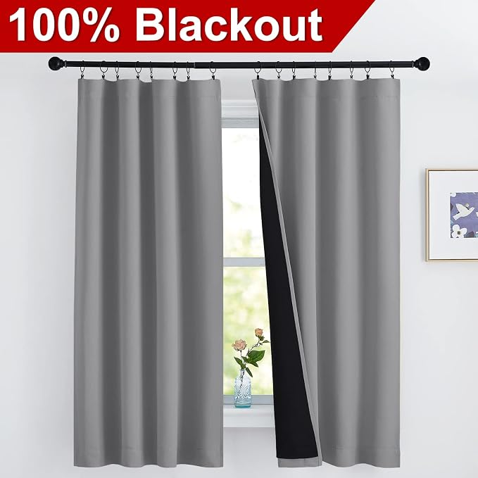 NICETOWN 100% Blackout Curtains 63 inches Long, Soft and Heavy-duty Thermal Insulated Rod Pocket 2-Layer Lined Drapes, Energy Efficiency Window Draperies for Bedroom (Silver Gray, 2 Panels, 42-inch W)