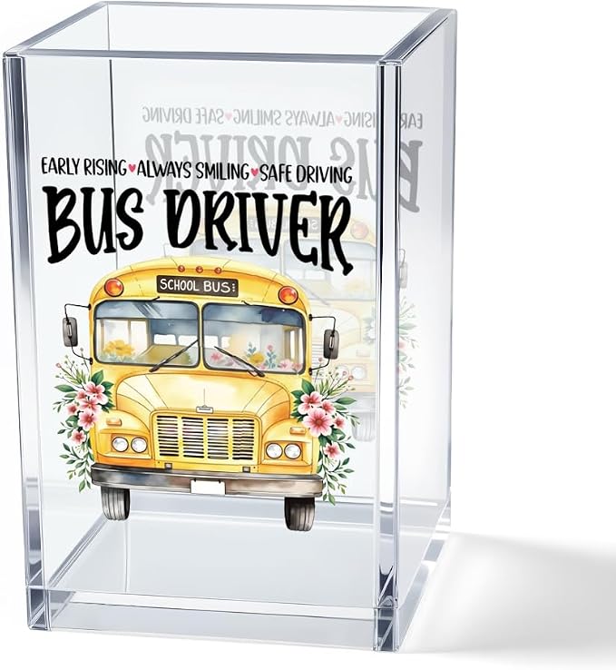 Early Rising Always Smiling Safe Driving Acrylic Cosmetic Pencil Pen Holder Cup, School Bus Pen Holder Cup, Back to School Gifts, Graduation Appreciation Gifts for Women Men Bus Driver
