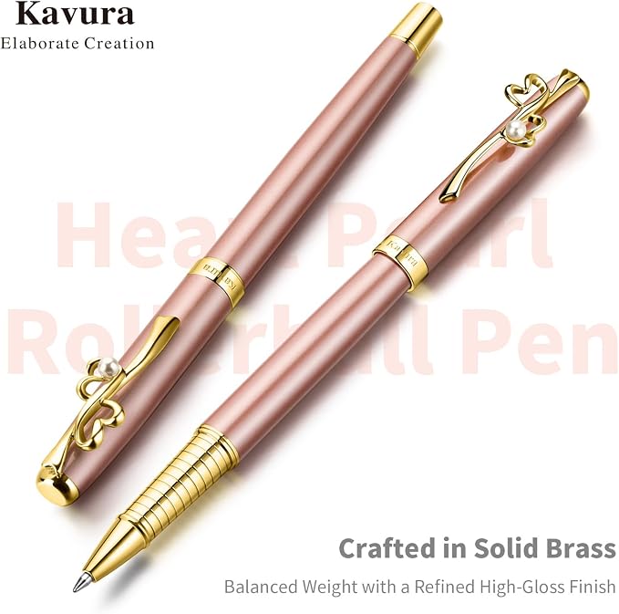 Heart & Pearl Rollerball Pen – Luxury Brass Pen Gift Set for Women, Jewelry-Inspired Design, Glossy Finish, with German Refill, Meaningful Gift for Her, Mother’s Day or Birthday (Rose Gold)