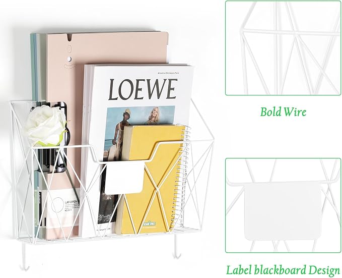 OYEAL Hanging Wall File Organizer, Vertical Wall Mounted Magazine File Holder with Hooks, 6 Pockets Mount Basket Mail Paper Holder for Office Home, White
