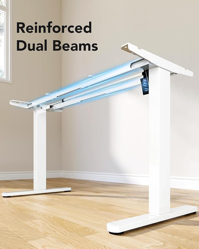 HUANUO Standing Desk Frame with 220lbs Powerful Brushless Motor, Double Crossbeam Structure, Thick Adjustable Desk Legs, for Max 35.4″ x 86.6″ Desktop, for Home Office, White Frame Only