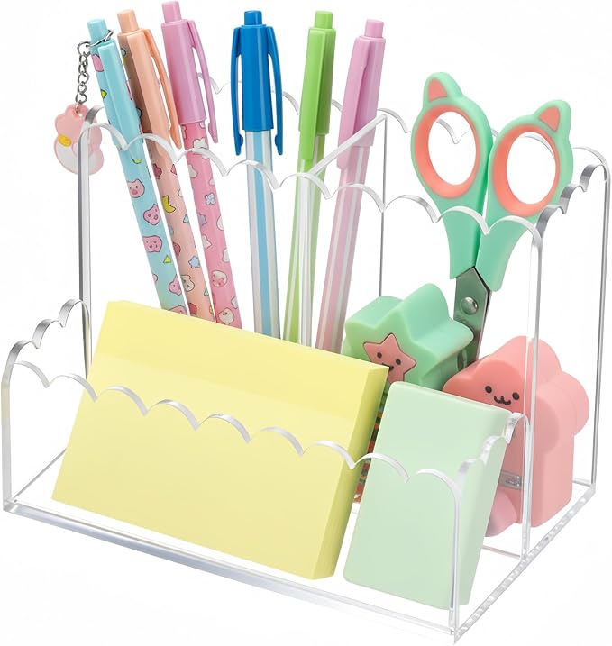 Scalloped Acrylic Pencil Holder for Desk, Clear Pen Organizer with 3 Compartments, Marker Makeup Brush Holder Remote Caddy for Home, Office, Bathroom, Classroom, Table