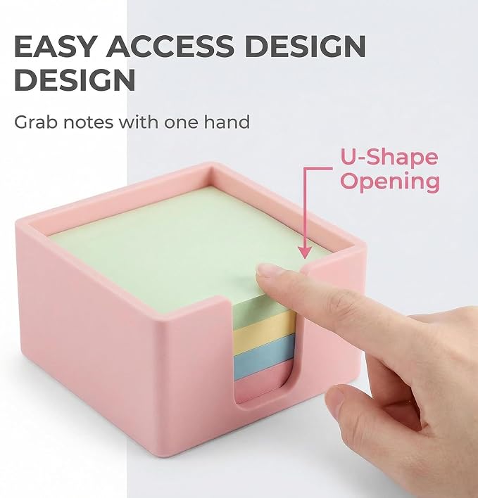 Silicone Sticky Note Holder for Desk - Modern 3x3 Inch Memo Pad Dispenser Post Note Holder, Minimalist Desk Note Storage Organizer for Office, Home, and School, Pink