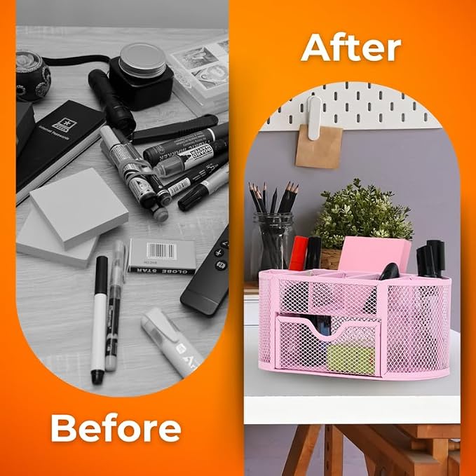 Modern Minimalist 9-Compartment Pink Desk Organizer - Pen Holder with Drawer Tray - Office Supplies Organizer