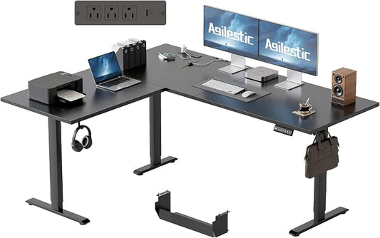 Agilestic Electric L Shaped Standing Desk 63 x 55 Inch with Power Outlet, Height Adjustable Corner Stand up Desk with Cable Management,Sit Stand Home Office Workstation with Splice Board, Black